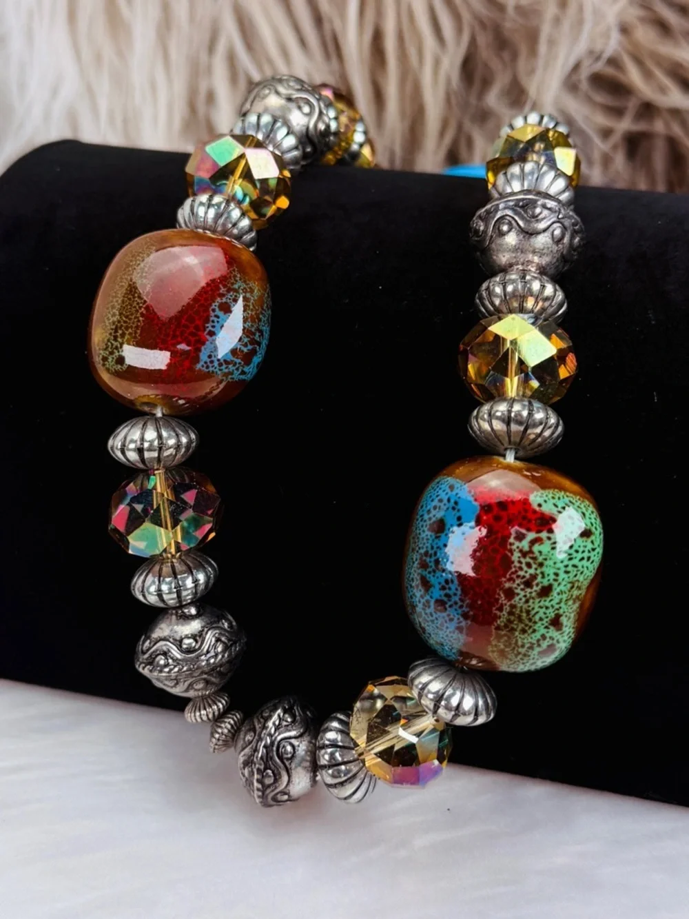 Bohemian, chunky glass beaded weighted statement, necklace